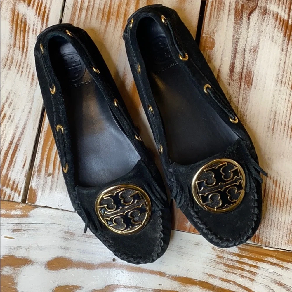 Tory Burch Black Gold Logo Suede Leather Loafer Shoes Size 6.5